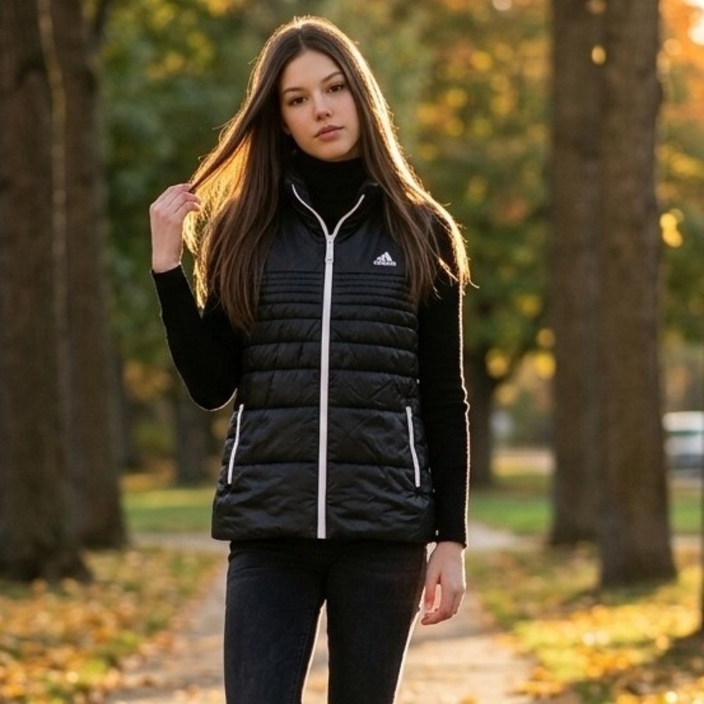 Adidas Womens Puffer Vest Glossy Black Sporty Layering Fall Winter Athleisure XL